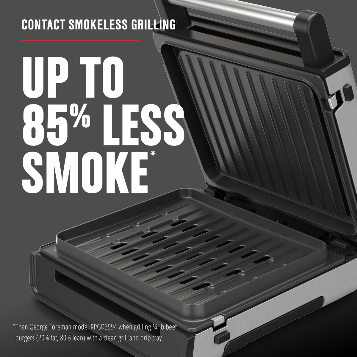 Open Box George Foreman 4�C6 Serving Electric Indoor Grill, Contact Smokeless Grilling with Removable Plates and Drip Tray, Stainless Steel Housing