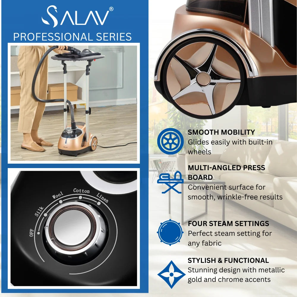 Restored SALAV Exclusive Professional Series Standing Garment Steamer & Ironing Station, Gold (Refurbished)