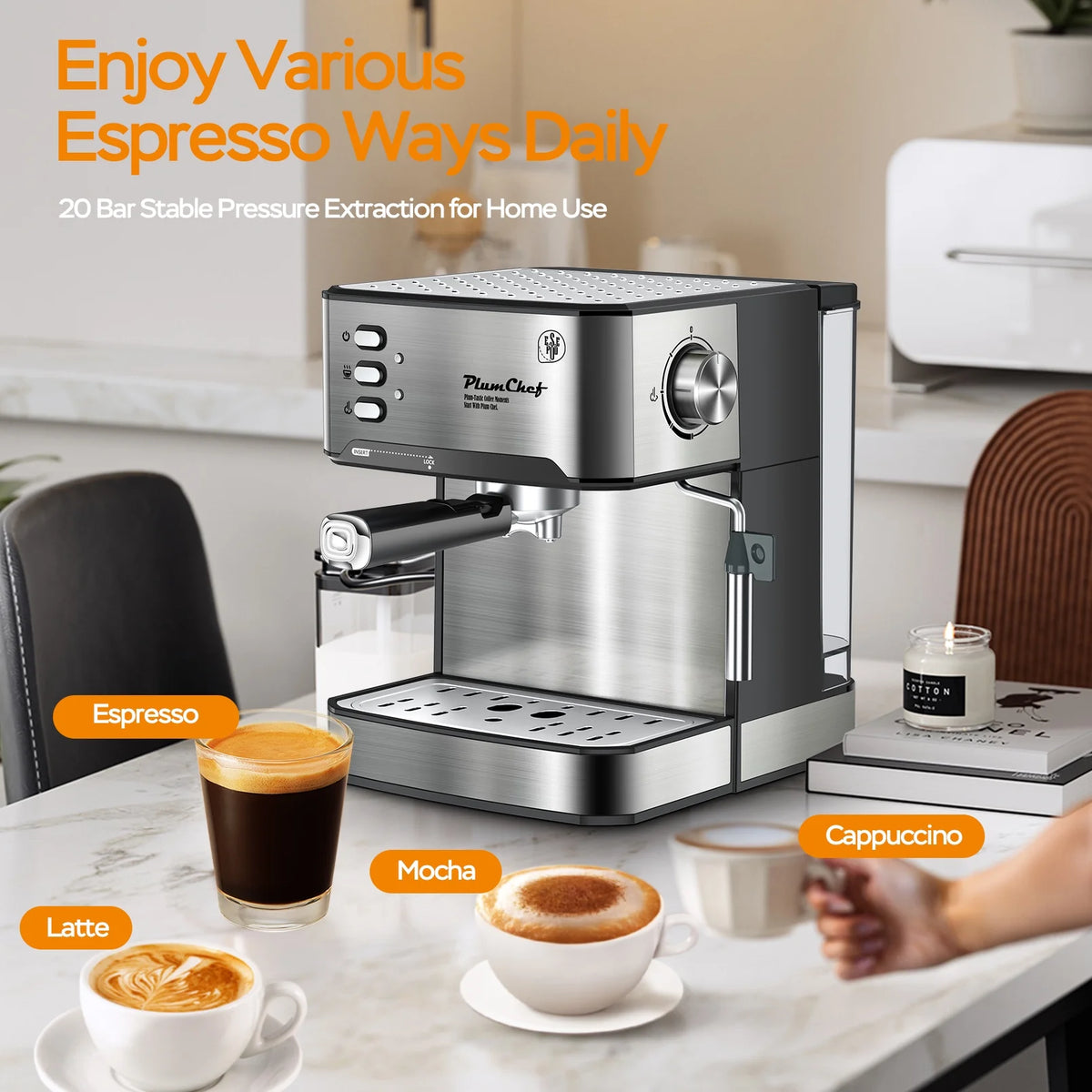 20 Bar Espresso Machine with Milk Frother, Single & Double Shot, ESE Pod Compatible, Removable Water Tank for Cappuccino, Latte, & Machiato for Home Barista