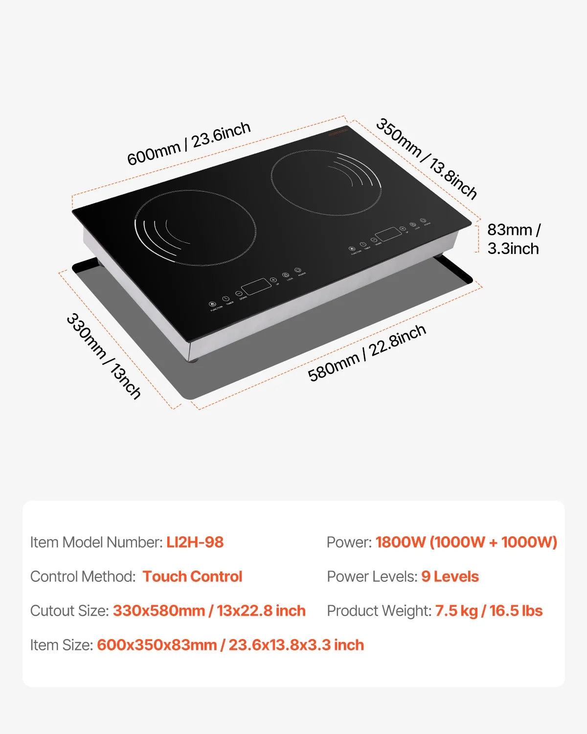 KFFKFF Induction Stove, 1800W Electric Countertop 2 Burner, Electric Cooktop with Touch Controls, Integrated Induction Stove with 9 Energy Levels, Safety Feature for Kids, Timer Function, Glass Top