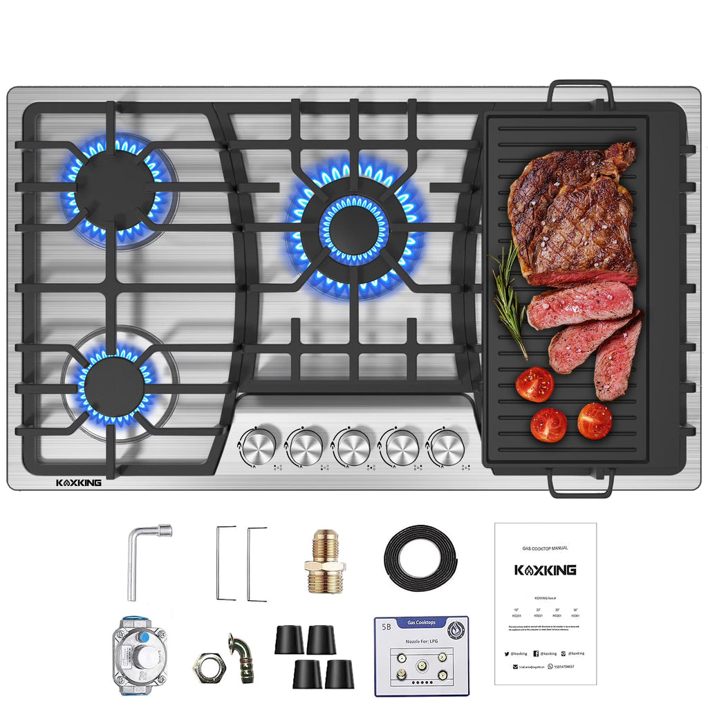 36 Inch Gas Cooktop with Griddle, 5 Burners Gas Stove Top with Reversible Cast Iron Grill/Griddle, NG/LPG Convertible, Stainless Steel Propane Cooktop with Thermocouple Protection