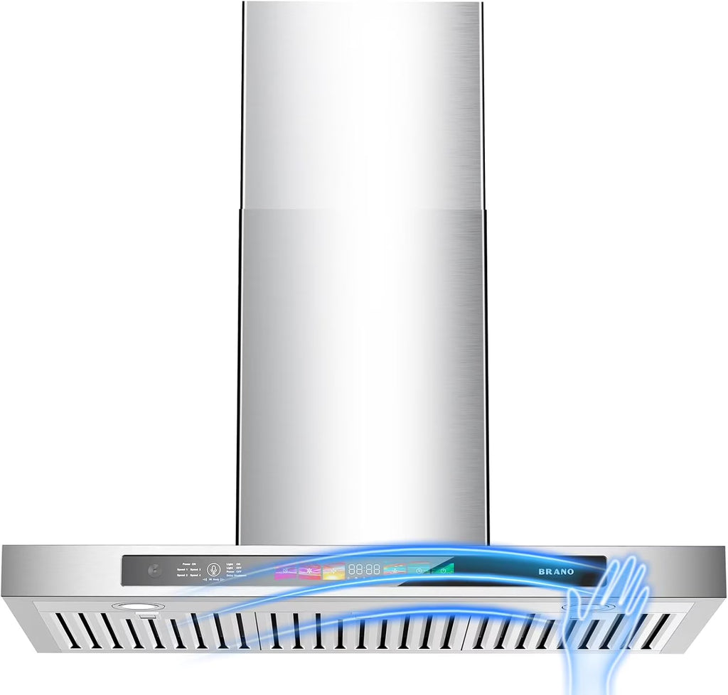 BRANO 30 Inch Wall Mount Range Hood Stainless Steel 900 CFM with Voice/Gesture/Touch Control, 4 Speed Exhaust Fan