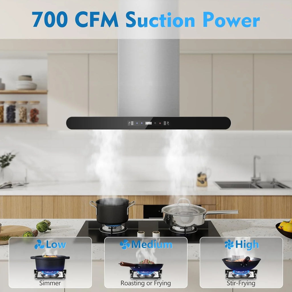 Island Range Hood 30 Inch 700 CFM kitchen Hood with Dual-Sided Touch Gesture Remote Control Ceiling Mount Convertible Ducted/Ductless 3-Speed Fan 3 Stainless Steel Baffle Filters