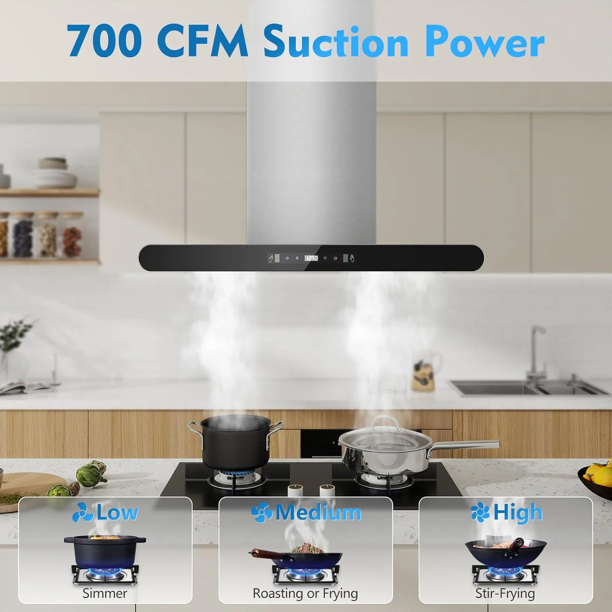 Island Range Hood 30 Inch 700 CFM kitchen Hood with Dual-Sided Touch Gesture Remote Control Ceiling Mount Convertible Ducted/Ductless 3-Speed Fan 3 Stainless Steel Baffle Filters