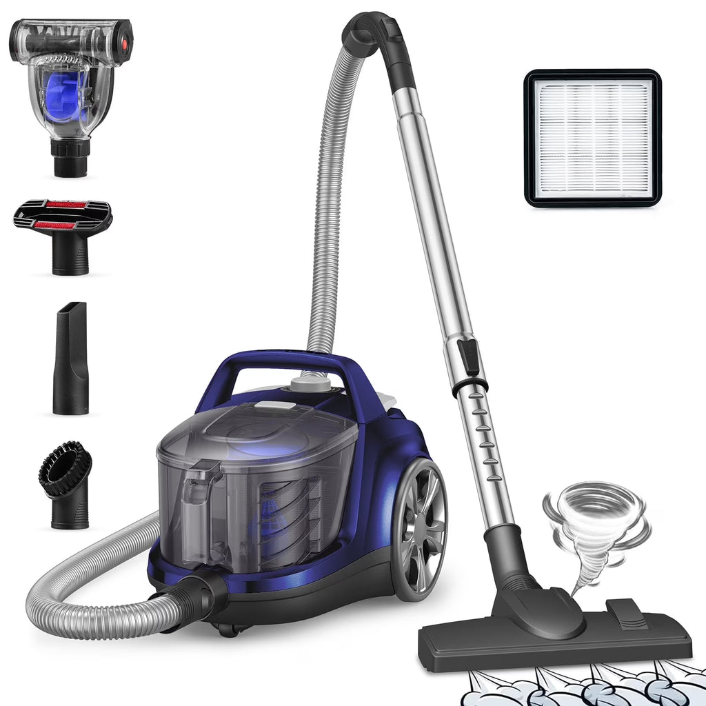Canister Vacuum Cleaner, 30Kpa Powerful Suction, Bagless with 3.7QT Large Dust Cup, Auto Cord Rewind, HEPA Filter, 5 Attachments, Lightweight Vacuum for Pet Hair, Hard Floors & Car