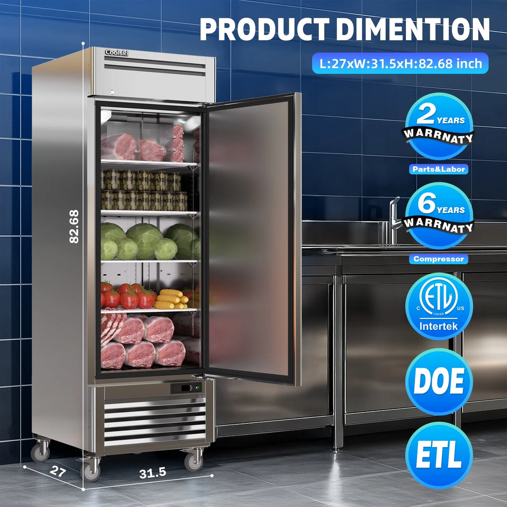 "COOLSKI 27"" W Commercial Freezer, 19.32 Cu.ft Single Solid Door Stainless Steel Storage Freezer"