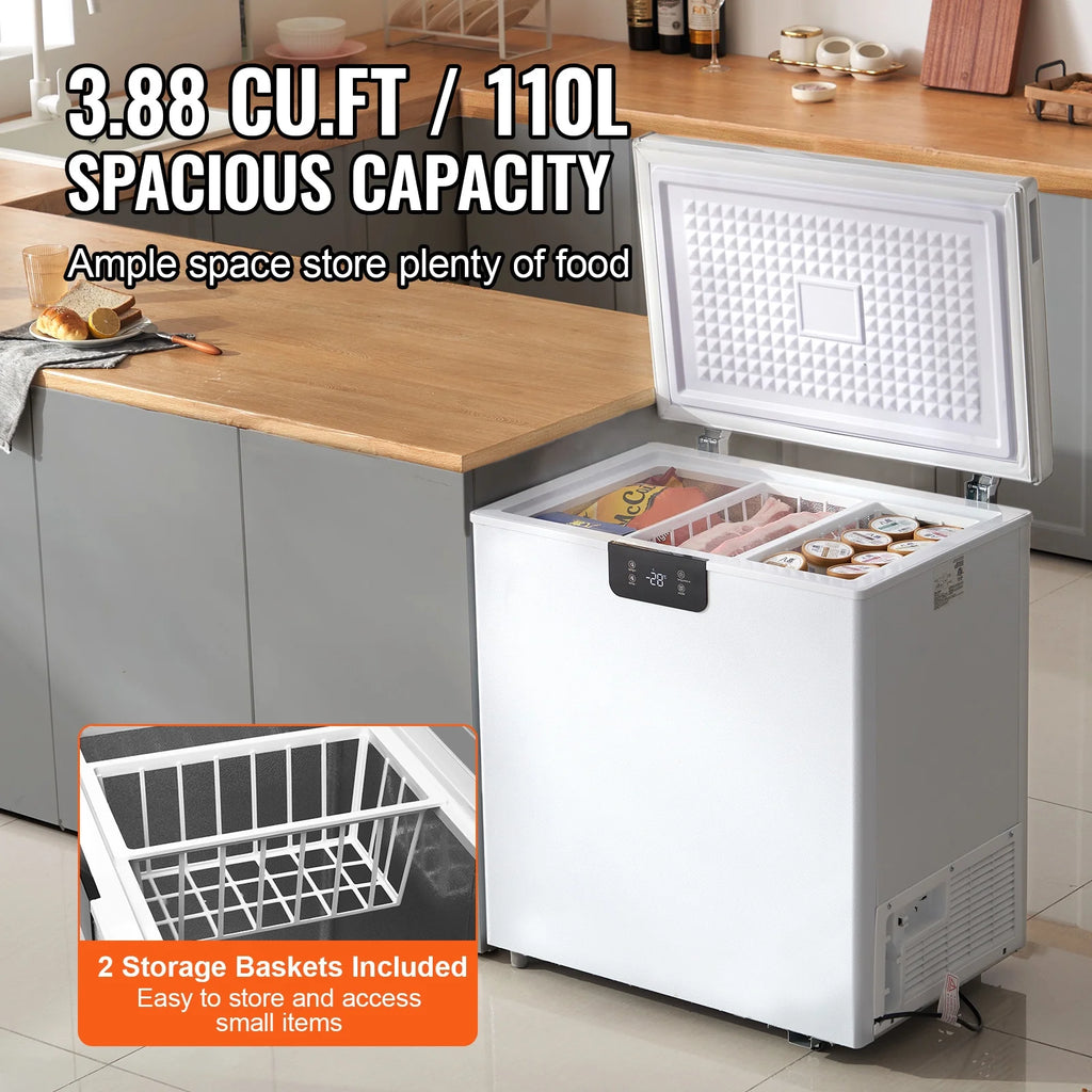 KFFKFF  3.88 Cu.ft / 110L Small Top-Open Chest Freezer with Adjustable  ?Temperature Control 2 Removable Storage Baskets, Freestanding