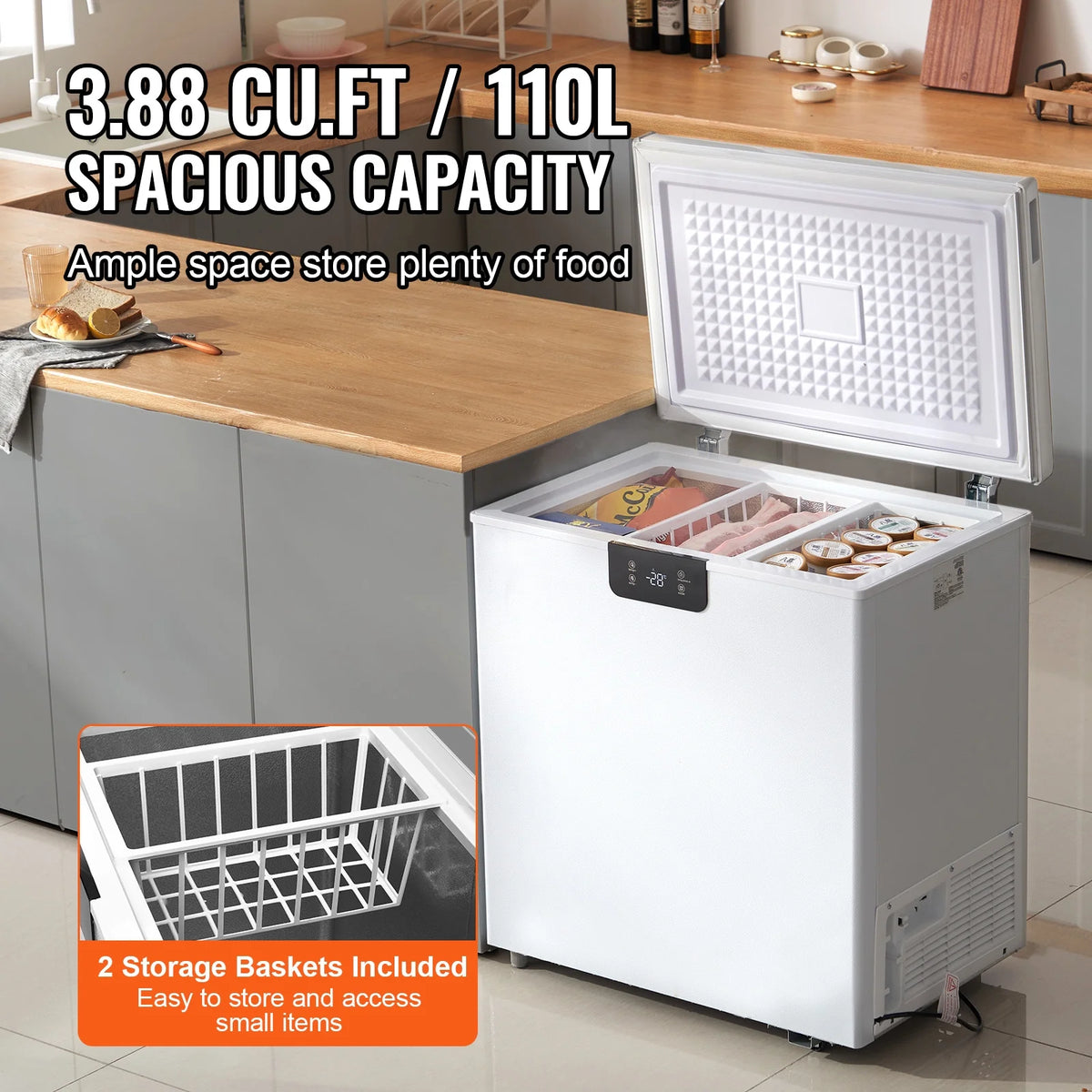 KFFKFF  3.88 Cu.ft / 110L Small Top-Open Chest Freezer with Adjustable  ?Temperature Control 2 Removable Storage Baskets, Freestanding