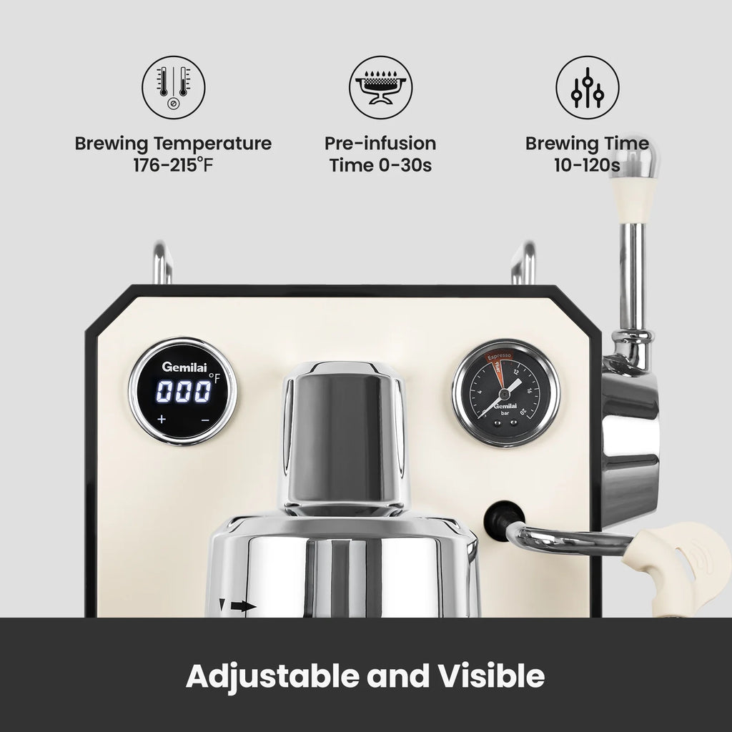 Gemilai G3006 Owl 15-Bar Semi-Auto Espresso Machine, Dual Display, Milk Frother, 57oz Tank, Stainless Steel Coffee Maker