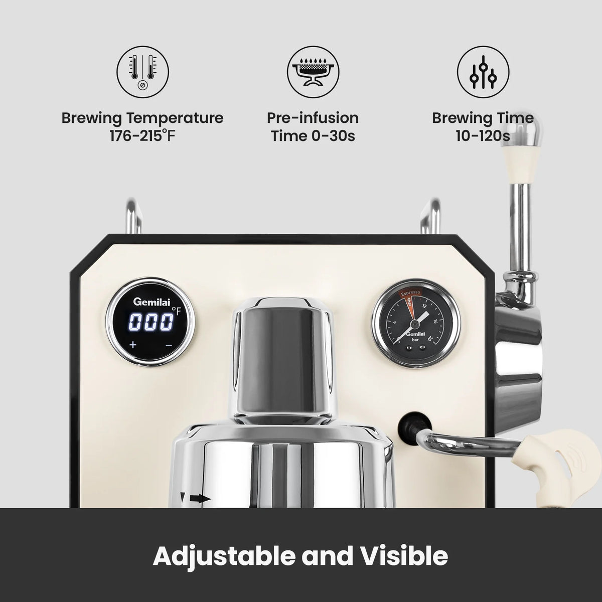Gemilai G3006 Owl 15-Bar Semi-Auto Espresso Machine, Dual Display, Milk Frother, 57oz Tank, Stainless Steel Coffee Maker