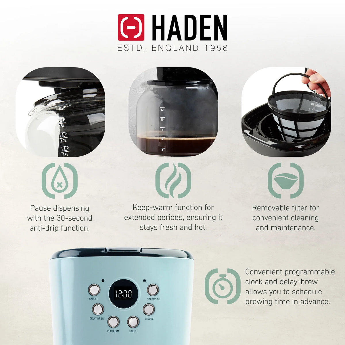 Haden Coffee Maker & Heritage 1.7 Liter Electric Kettle, Black & Chrome
