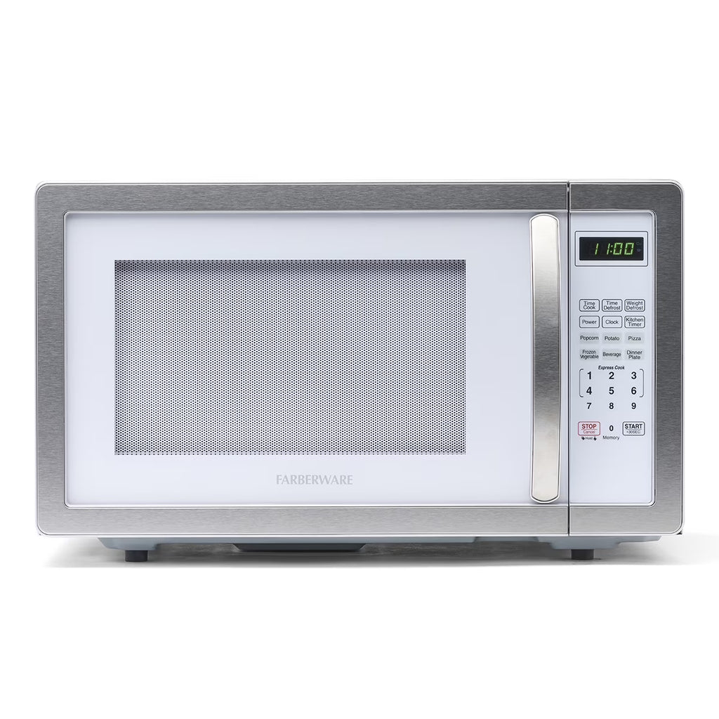 Farberware Stainless Steel Countertop Microwave Oven with Child Lock, 1.1 Cu Ft Black Stainless