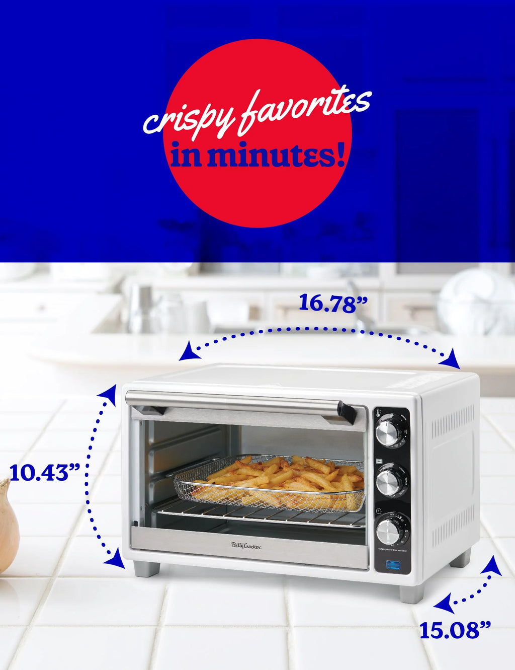 Betty Crocker Air Fryer Convection Toaster Oven, Multifunction 6-Slice Toaster and Air Fryer Oven, 0.8 Cu. Ft. 6 Slice Capacity AirFryer Toaster Oven Combo, 7 Function Convection Oven, Silver