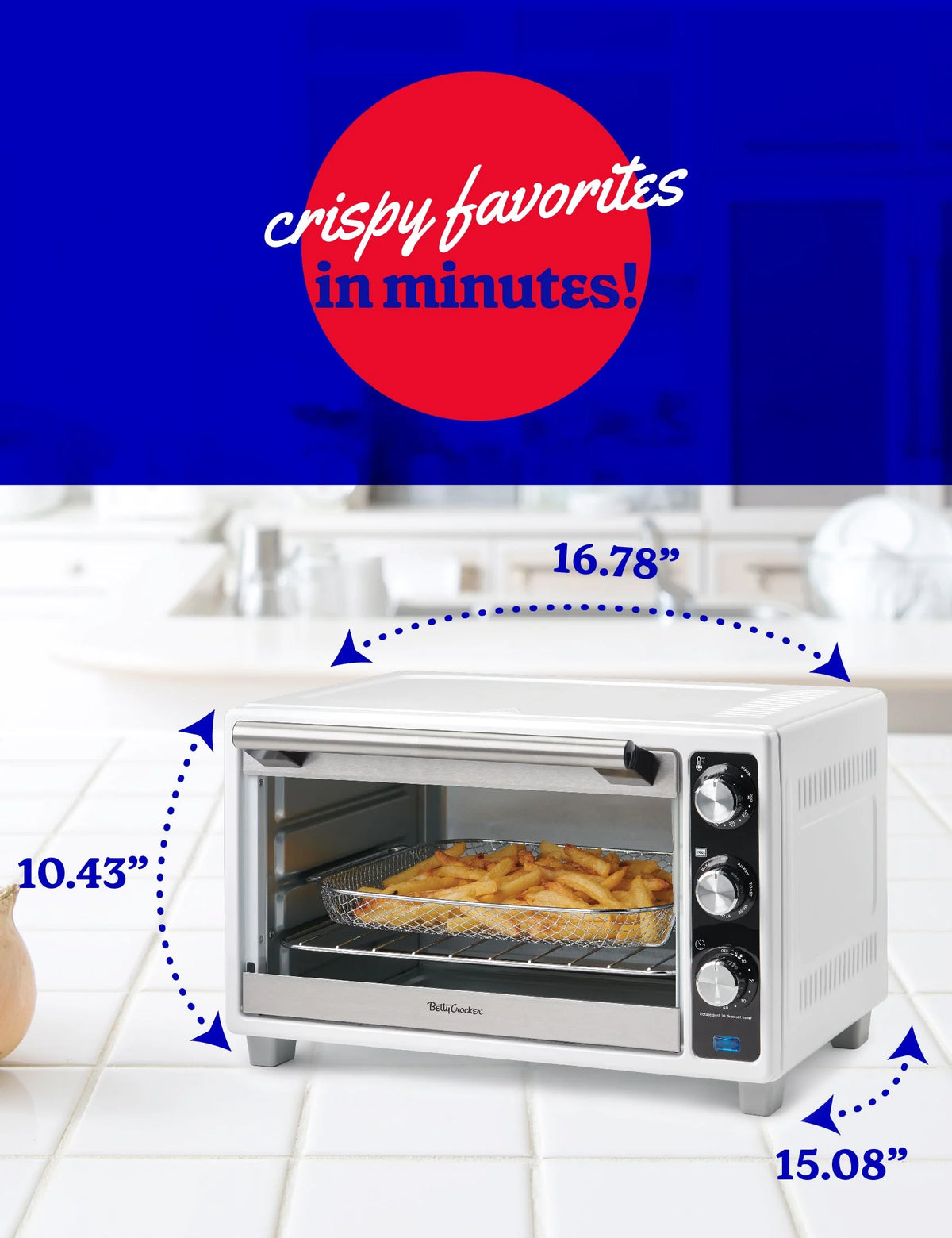 Betty Crocker Air Fryer Convection Toaster Oven, Multifunction 6-Slice Toaster and Air Fryer Oven, 0.8 Cu. Ft. 6 Slice Capacity AirFryer Toaster Oven Combo, 7 Function Convection Oven, Silver