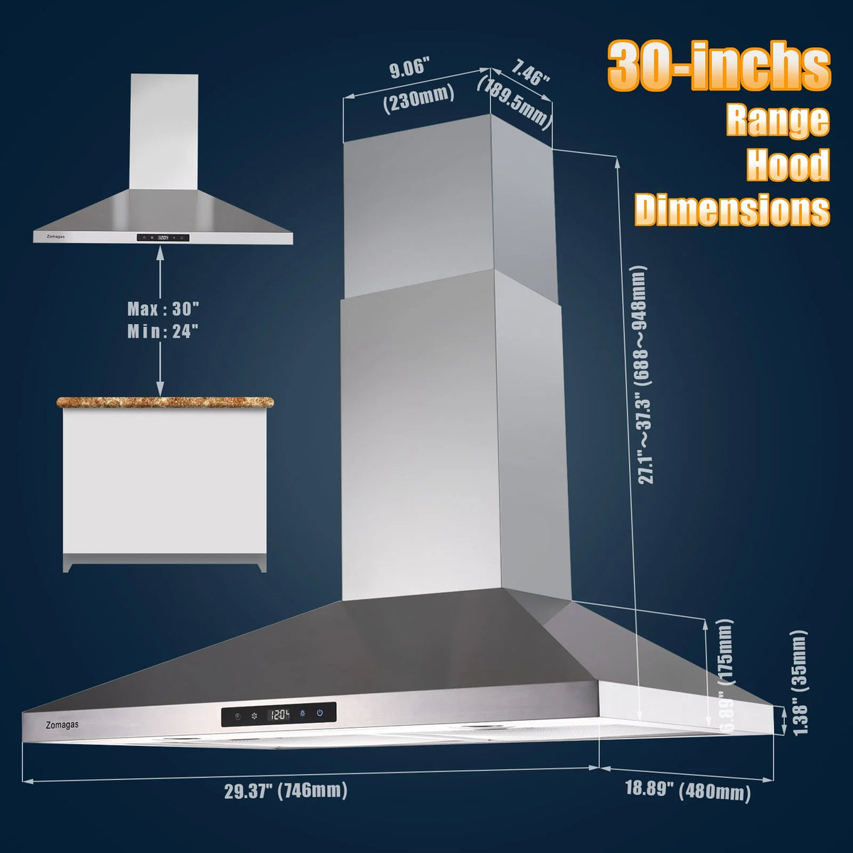 Wall Mount Range Hood 30 inch Stainless Steel Stove Hood Ducted Ductless Vent Hood Touch Control