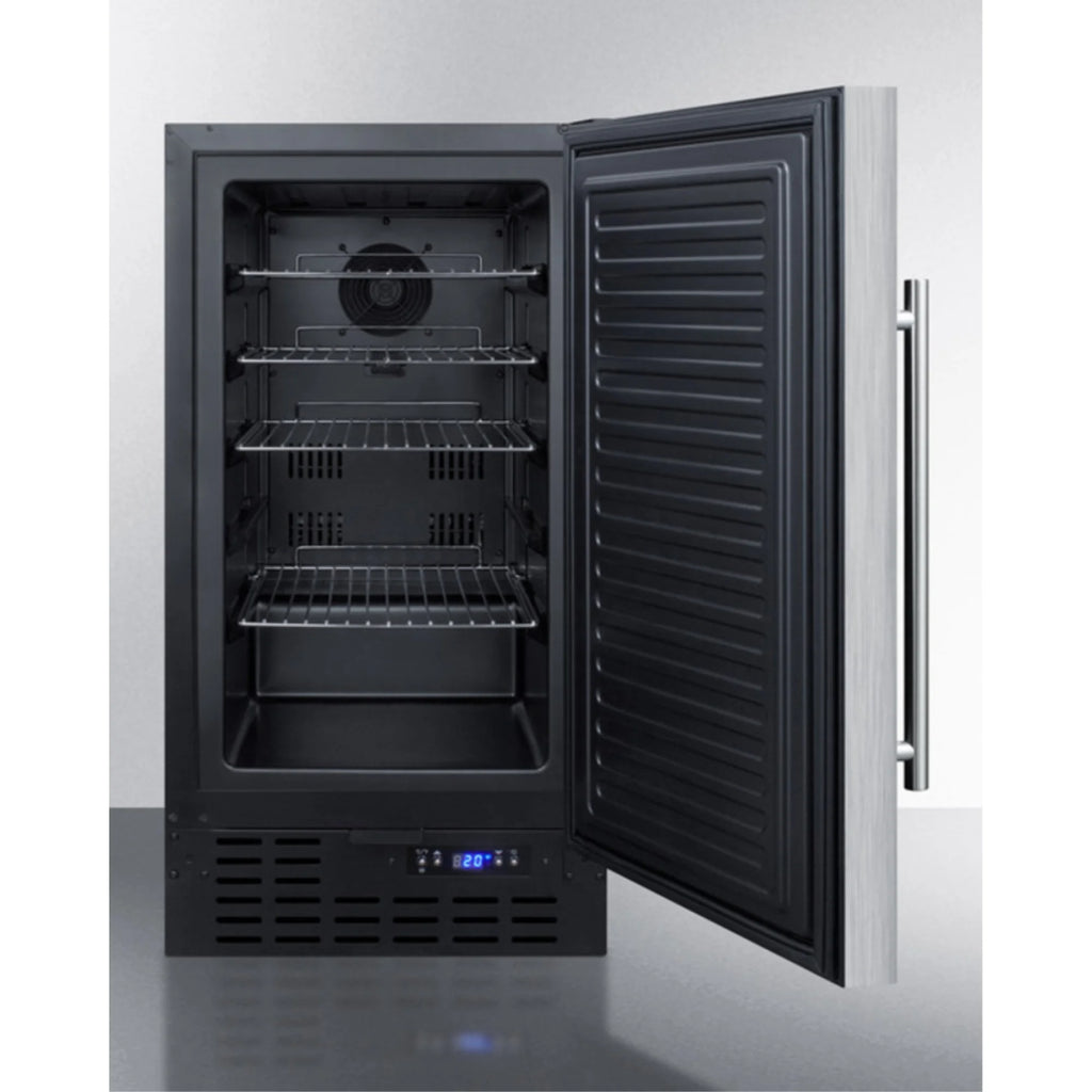 ADA compliant 18" wide frost-free freezer built-in or freestanding use, with SS door, black cabinet, lock, and digital thermostat