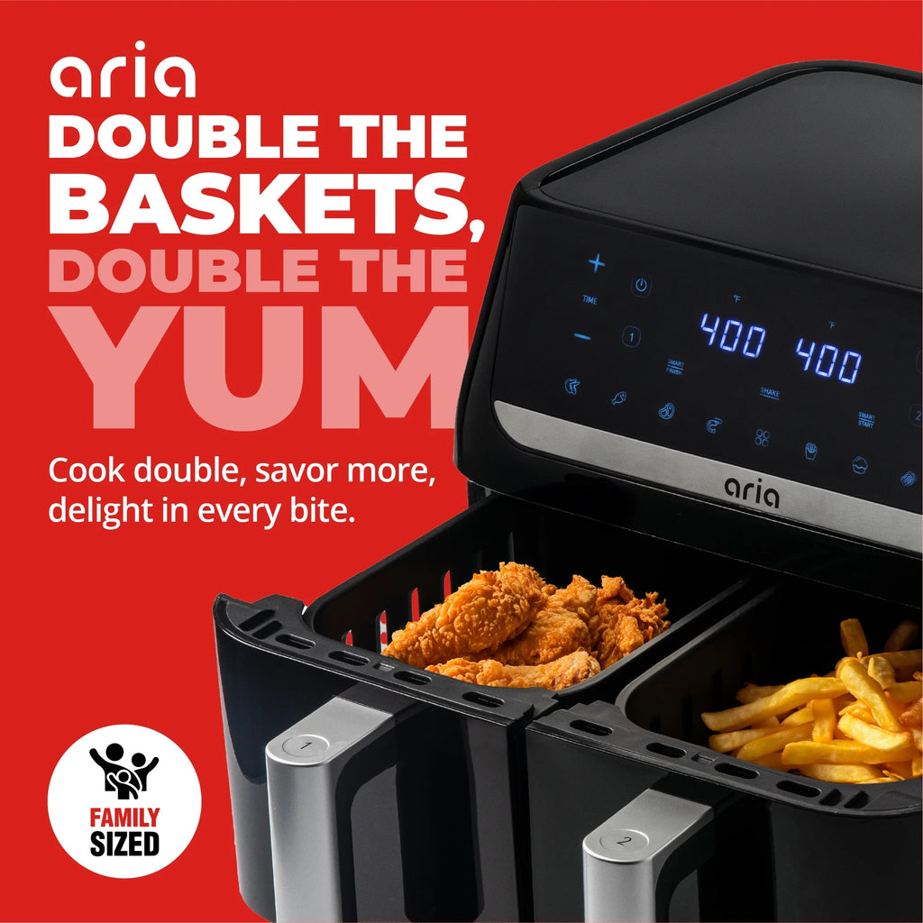 Aria 10 qt 2-Basket Air Fryer, Black - Smart Sync Mode