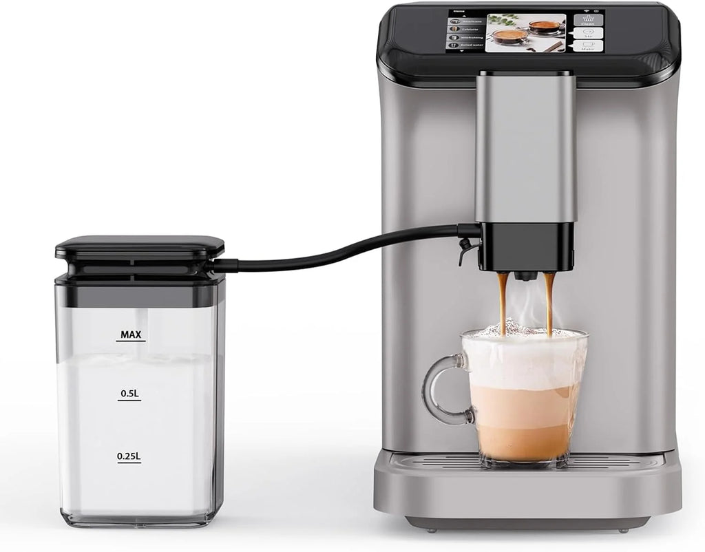 Full Automatic Espresso Machine with Built-In Grinder & Milk Frother - FTF Touchscreen Coffee Maker for Latte/Cappuccino, 20 Bar Pressur & 1.5L Water Tank, 1350W, Grey