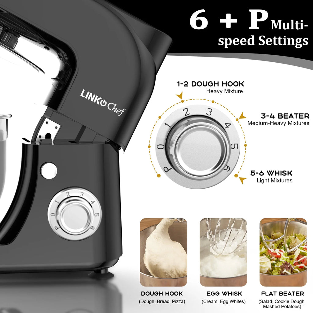 LINKChef Stand Mixer, 5.3QT 800W 6+P Speeds with Whisk, Dough Hook and Beater (White)