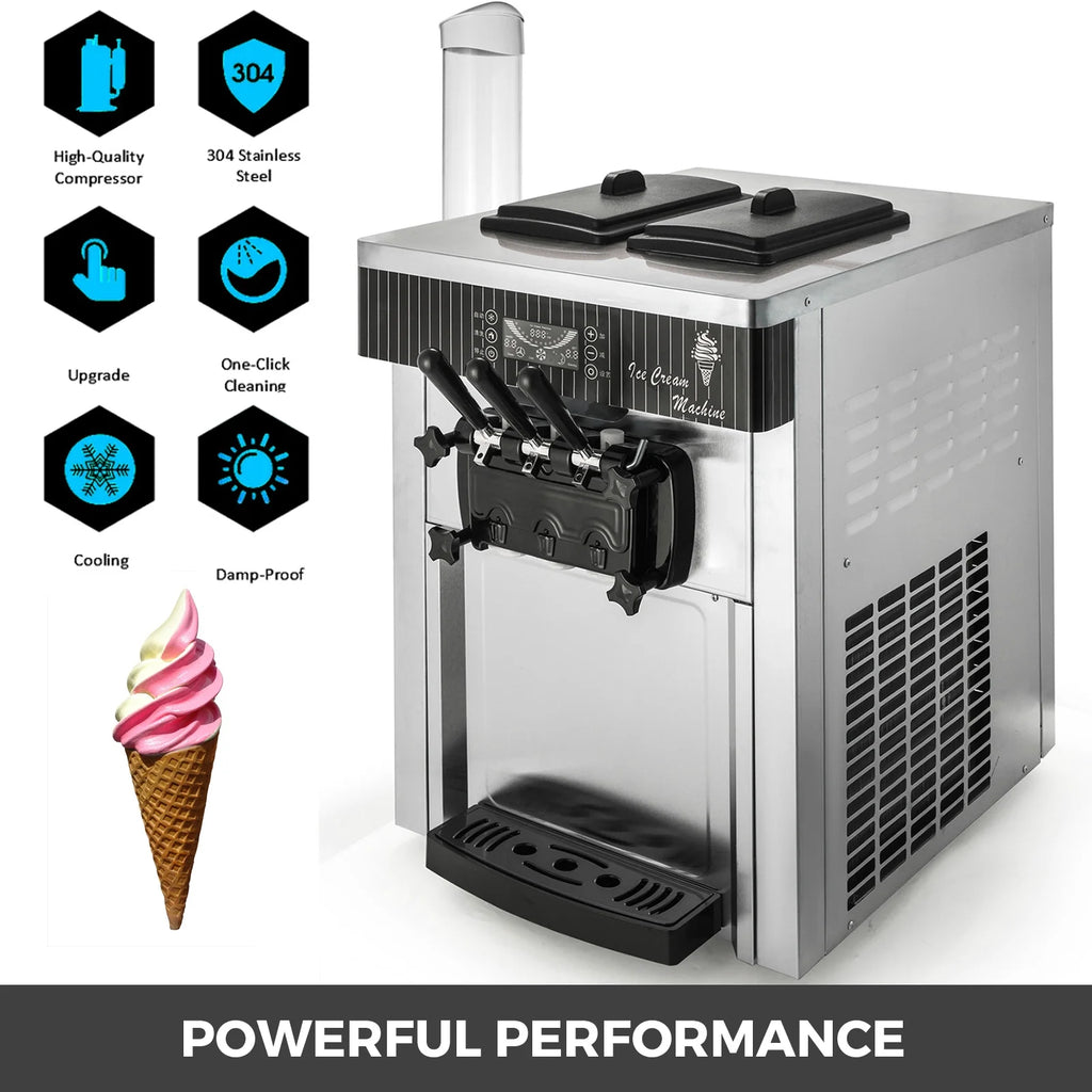 VEVOR Commercial Ice Cream Machine 20-28L/H Soft Serve with LED Display Auto Clean 3 Flavors 2200W,Silver