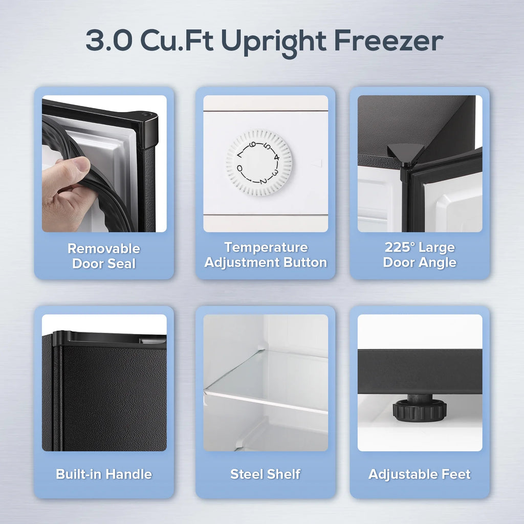 Auseo 3 Cu.ft Single Door Freezer, Compact Mini Freezer with Reversible Door for Kitchen, Apartment, Basement, Dorm, Black