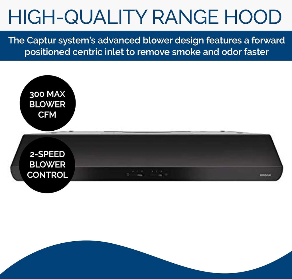 Broan-NuTone BKSH130BL Sahale 30-inch Under-Cabinet Easy Install 4-Way Convertible Range Hood with 2-Speed Exhaust Fan and Light, 300 Max Blower CFM, Black