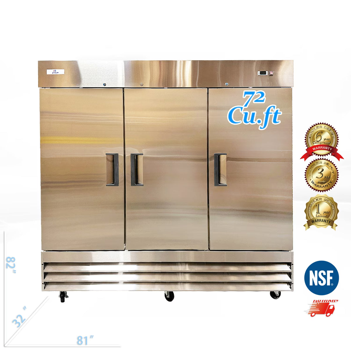 Cooler Depot Commercial 72 cu.ft, 81 inch, 3 Solid-Doors Reach in Freezer, Cooler Depot.