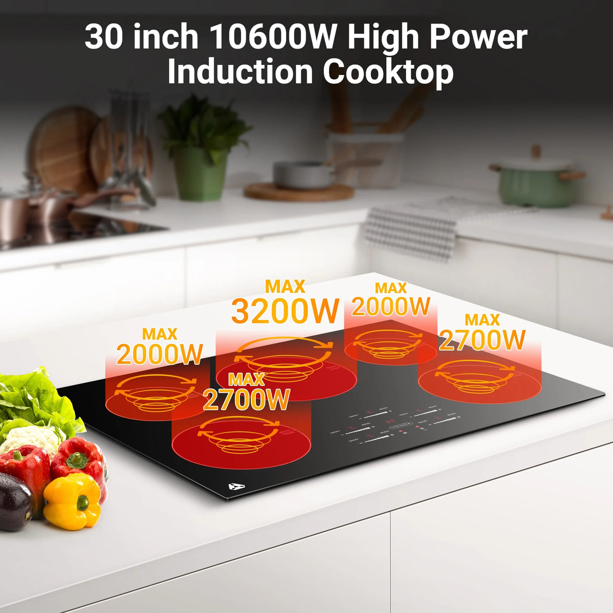Sunmaki 30-Inch Electric Cooktop, 5-Burner Built-in Ceramic Glass Stove Top with Touch Control, 10600W