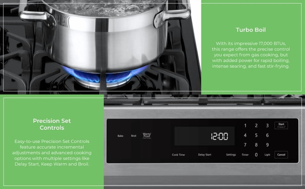 Kenmore 5.6 Cu. Ft. Front-Control 5 Burner Gas Range with Oven, Storage Drawer, Large Window, Dishwasher Safe Cast Iron Grates