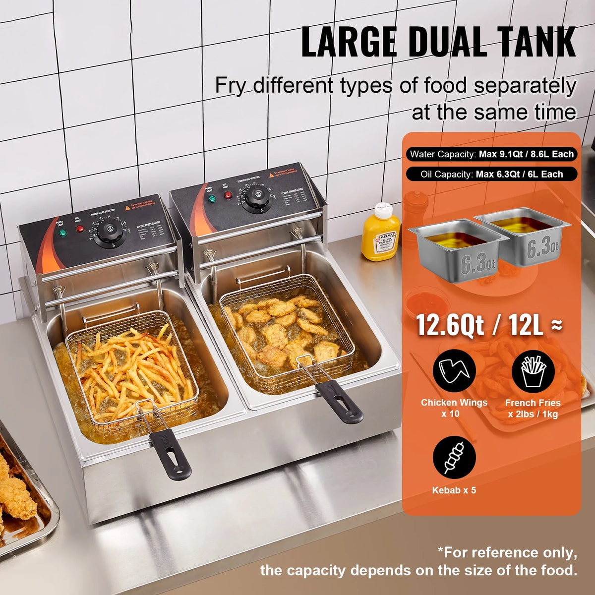 KFFKFF Commercial Dual Tank Deep Fryer, 3000W Electric Countertop Fryer with Basket, 2 x 9.1Qt/8.6L Stainless Steel Oil Fryer, featuring Temperature Control & Overheat Safety