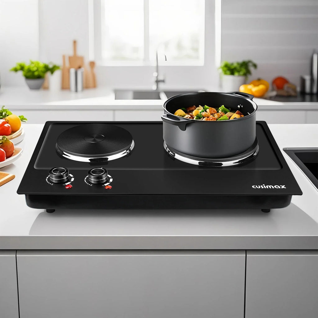 CUSIMAX 1800W Portable Double Burner Hot Plate �?Stainless Steel Countertop Electric Cooktop with Dual Cast Iron Heating Plates, Easy-to-Clean Silver Design, Upgraded Version