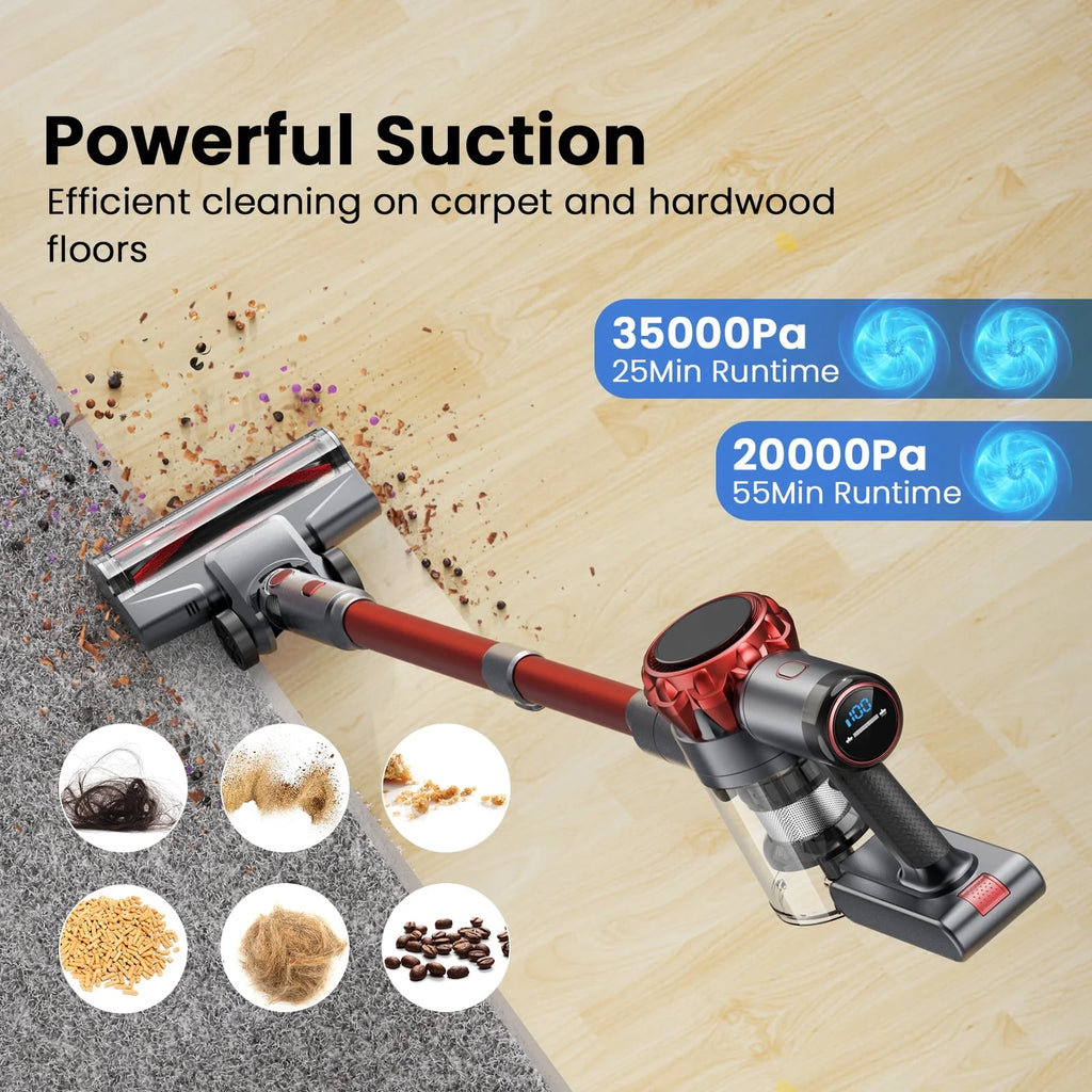 Cordless Vacuum Cleaner, 350W 35Kpa Powerful Stick Vacuum, with LED Display Free-Standing Vacuum Cleaners for Home Pet Hair Carpet Hard Floor S3 (Purple)
