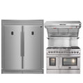 FORNO Premium 3-Piece Kitchen Bundle - FORNO Galiano 48" Freestanding Dual Fuel Range, FORNO Rizzuto 60" W. Dual Combo Convertible Refrigerator, FORNO 48" Wall Mount Range Hood - FBDL-017-02US