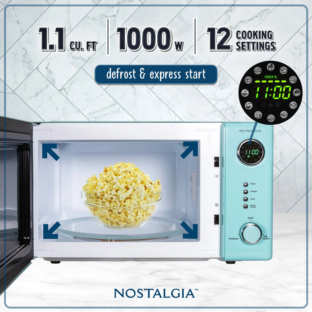 Nostalgia Retro Countertop Microwave Oven - Large 1000-Watt - 1.1 cu ft - 12 Pre-Programmed Cooking Settings - Digital Clock - Kitchen Appliances - Black