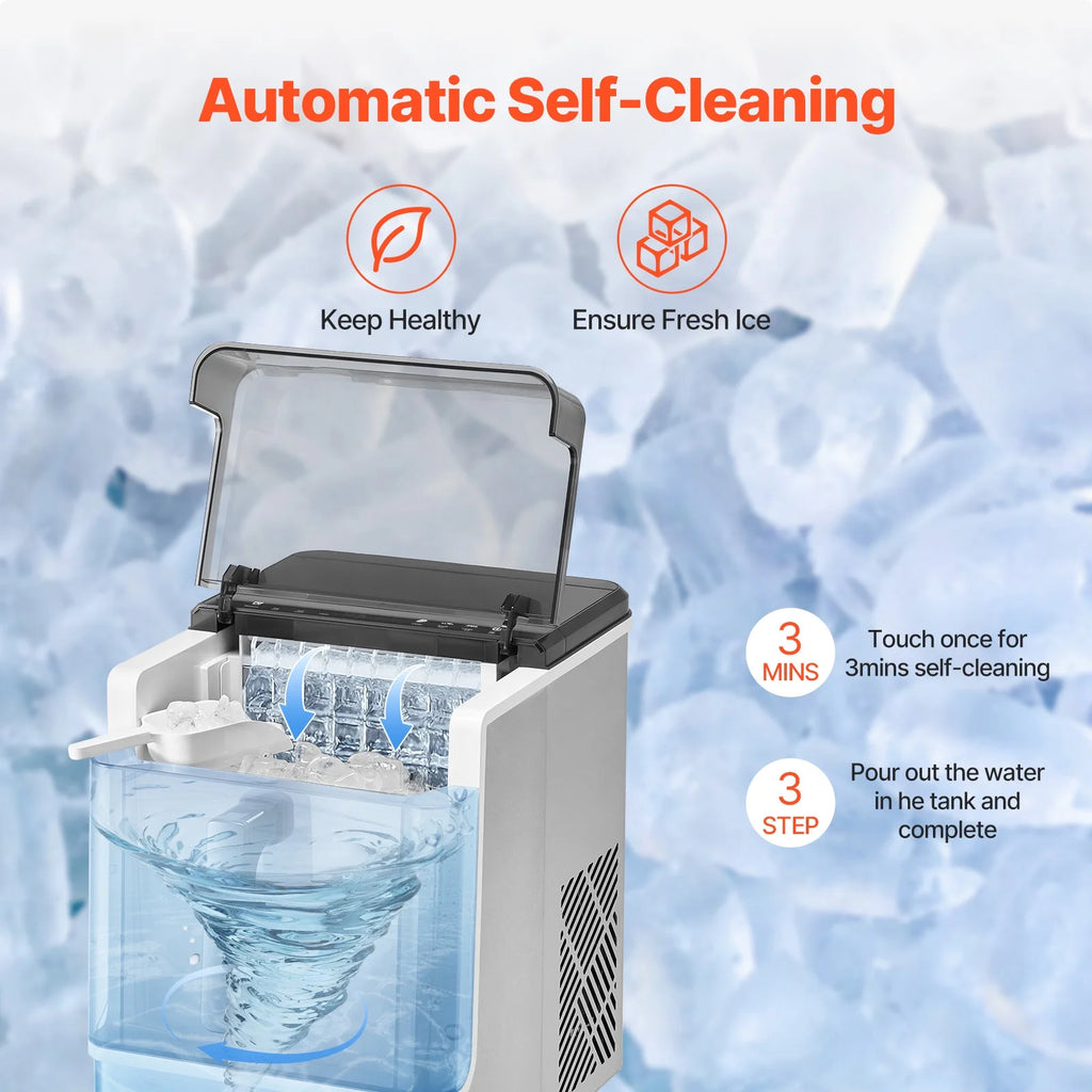 KFFKFF Tabletop Ice Cube Machine, Produces 32 Ice Cubes in 15 Minutes, 46lbs Daily Output, Self-Cleaning and Portable, Easy Ice Transfer, 3 Different Ice Cube Sizes, Ideal for Home, Kitchen, Office