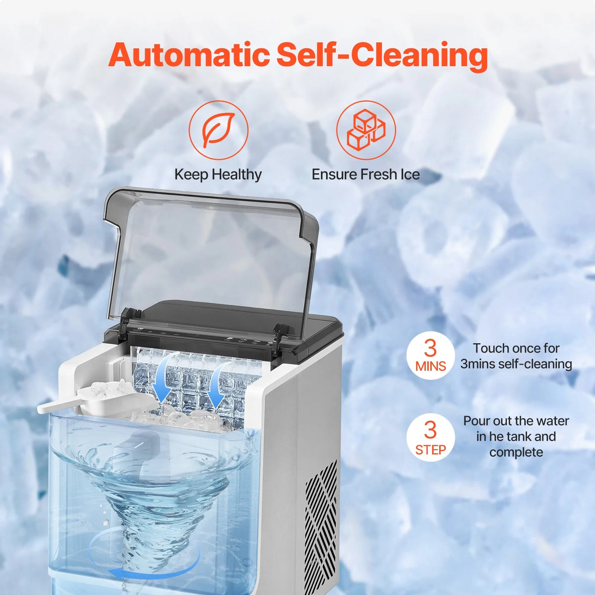 KFFKFF Tabletop Ice Cube Machine, Produces 32 Ice Cubes in 15 Minutes, 46lbs Daily Output, Self-Cleaning and Portable, Easy Ice Transfer, 3 Different Ice Cube Sizes, Ideal for Home, Kitchen, Office