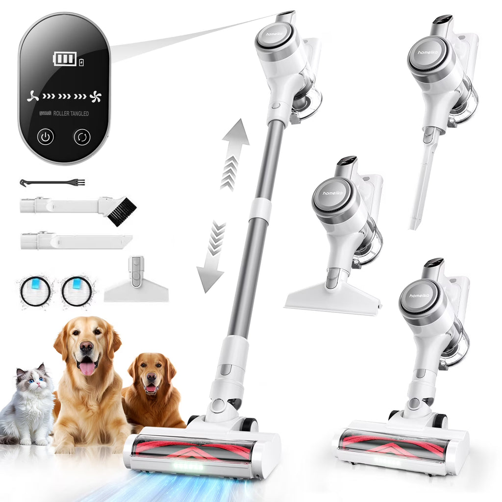 Homeika Cordless Vacuum Cleaner, 300W 23KPa Powerful Suction Vacuum with LED Display, 3 Suction, 48mins Runtime, Lightweight Stick Cleaner with Sofa Brush for Hard Floor/Carpet/Pet Hair/Car, Black