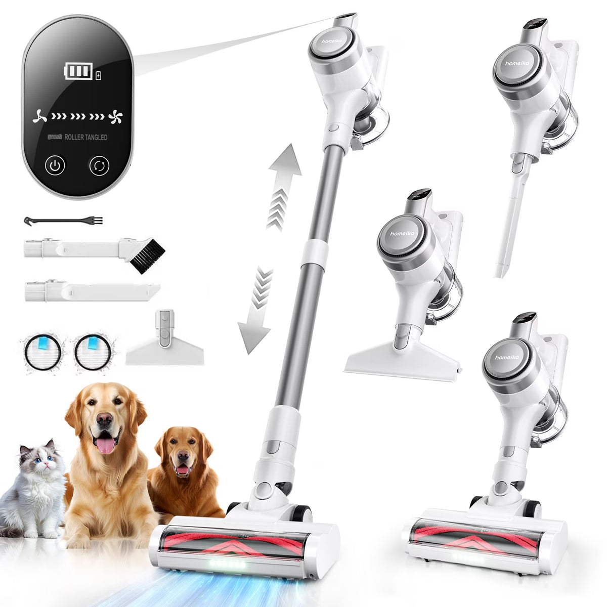 Homeika Cordless Vacuum Cleaner, 300W 23KPa Powerful Suction Vacuum with LED Display, 3 Suction, 48mins Runtime, Lightweight Stick Cleaner with Sofa Brush for Hard Floor/Carpet/Pet Hair/Car, Black