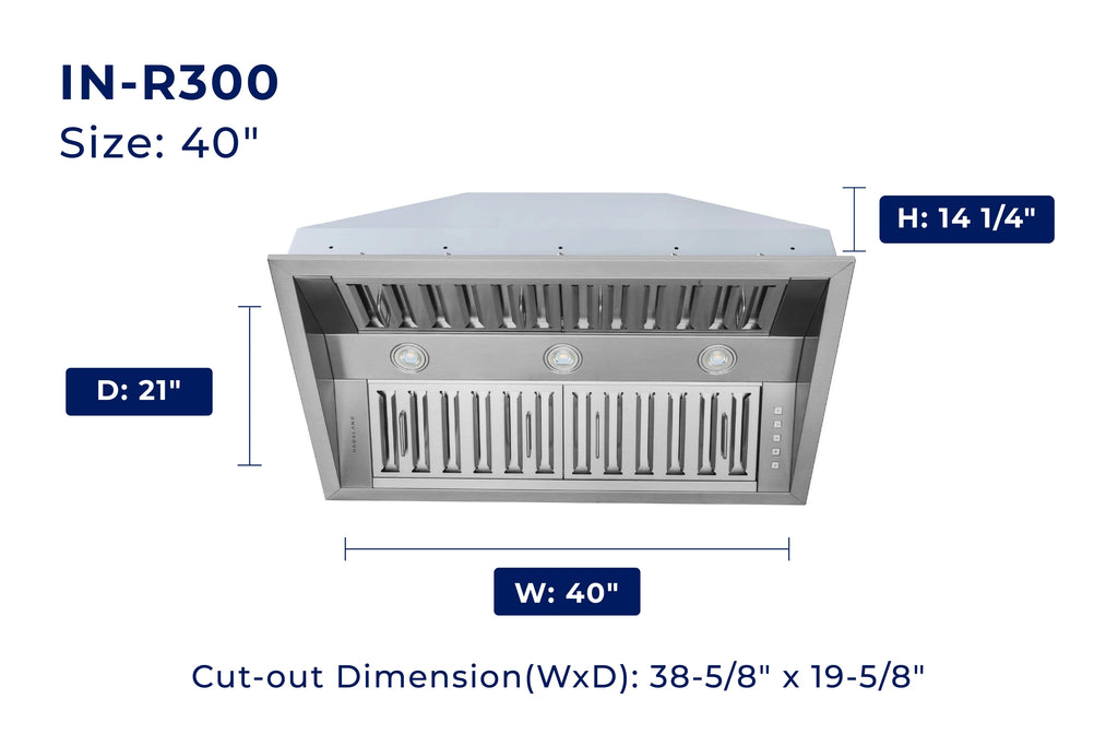 Hauslane | Pro-Style 40�� IN-R300 Built-In Range Hood, 21�� Deep | Low Noise Performance | Contemporary Design, Full-Size Handles, Professional-Grade Baffle Filters & Grease Tray, LED
