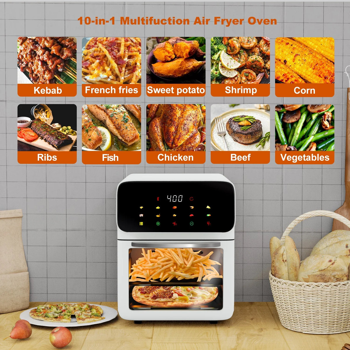 Bluebow Air Fryer 12QT Convection Oven with 10-in-1 Multi Function, Visible Window and Touchscreen, Black