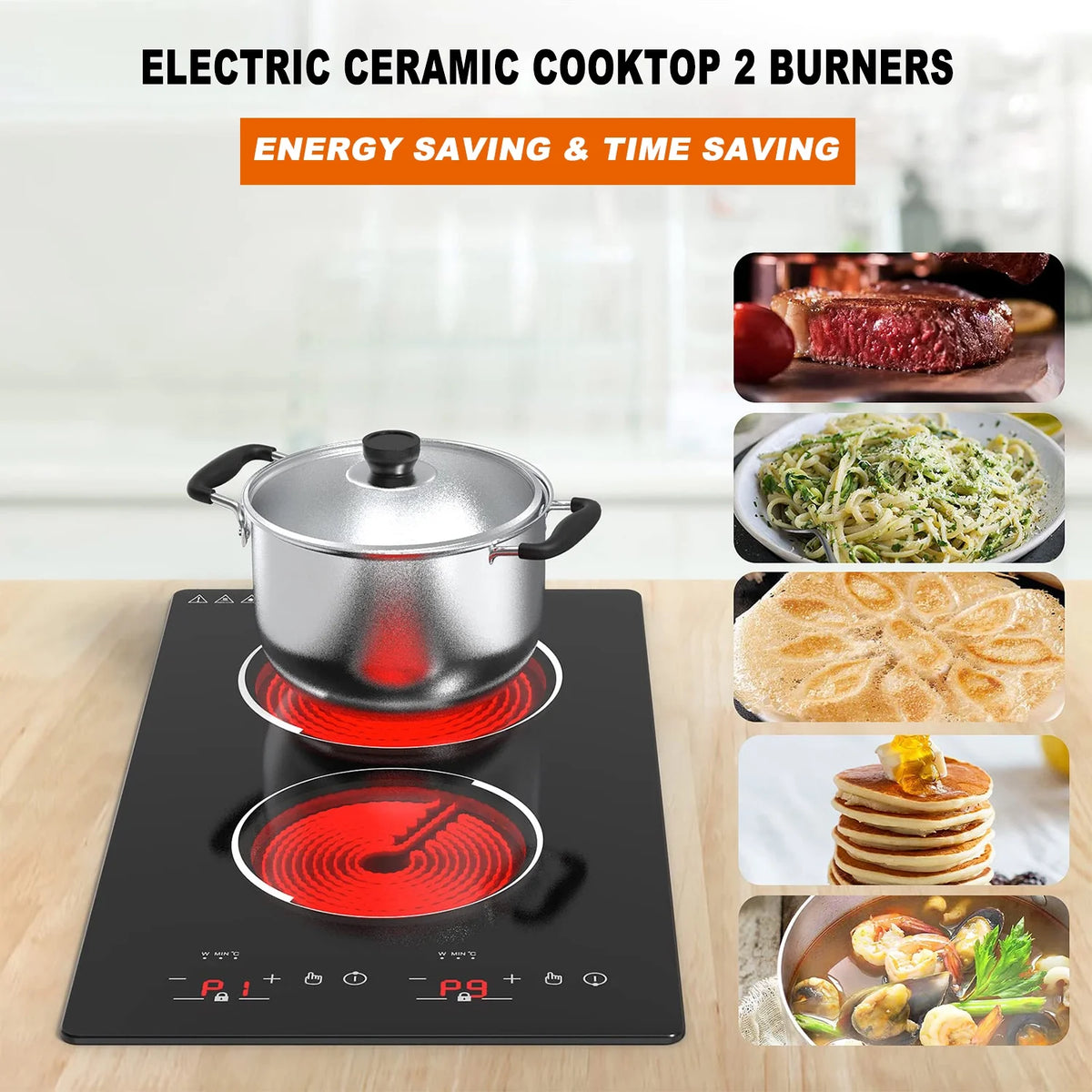 iMeshbean 12inch Electric Ceramic Cooktop 220V 3000W Electric Induction Cooktop 2 Burners Stove Top Built-In/Integrated Touch Control
