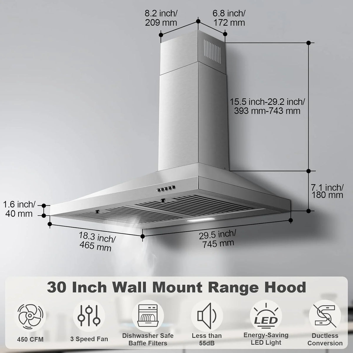 30-inch Wall Mount Range Hood 450CFM - Stainless Steel Kitchen Vent Hood, Ultra Quiet 55dB, Ducted/Ductless Convertible, 3-Speed + LED Light, Dishwasher-Safe Baffle Filters 120V
