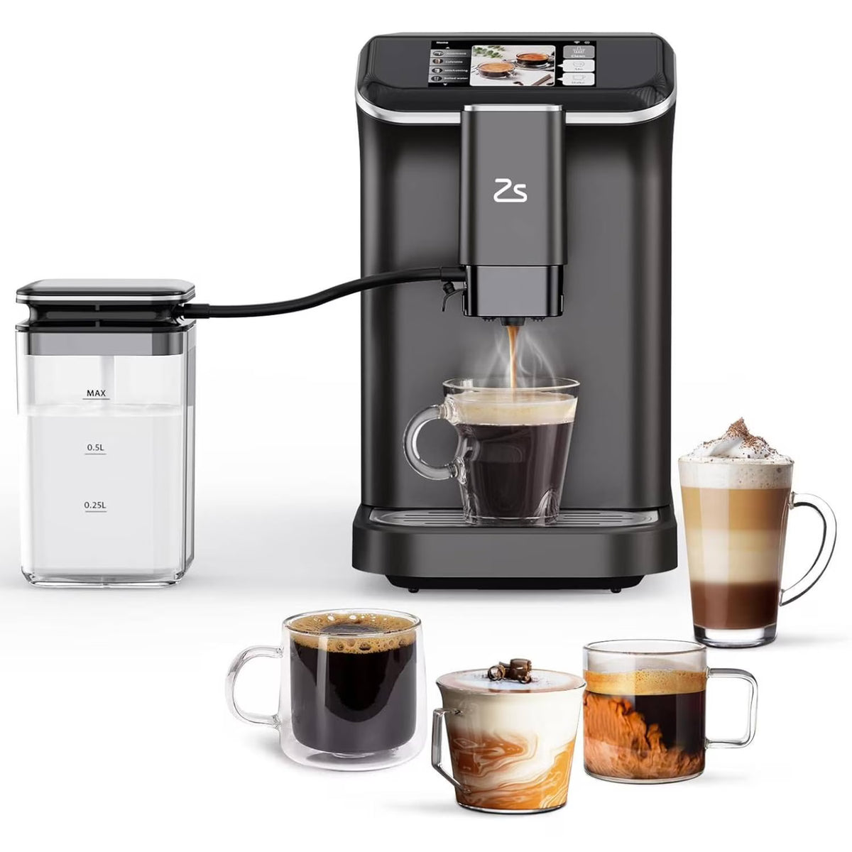 Espresso Machine,Fully Automatic Espresso Machine with Automatic Milk Frother,7 Coffee Varieties,20-Bar,Built-in Grinder,Intuitive Touch Display,1.5-L Water Tank