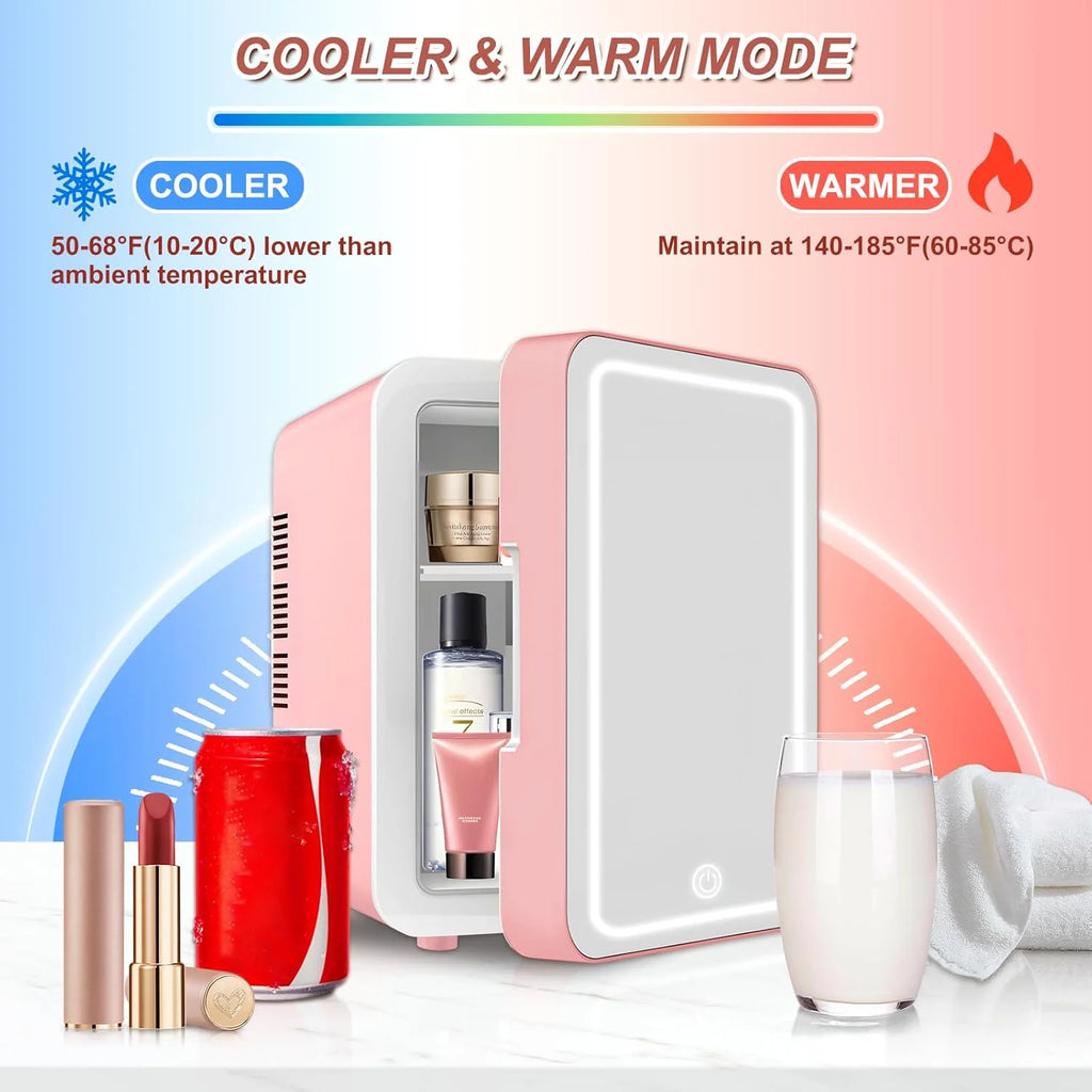 Mini Fridge for Bedroom, Skincare Fridge With Dimmable LED Light Mirror,4L Makeup Mini Fridge,Cooler & Warmer,Compact Small Refrigerator,for Bedroom, Car,For Cosmetics, Skincare And Food,Pink