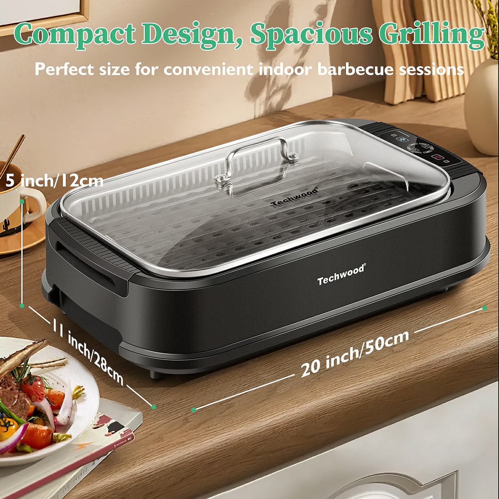 Techwood Indoor Smokeless Grill, 1500W, Black, Electric Portable Korean BBQ Grill with Tempered Glass Lid