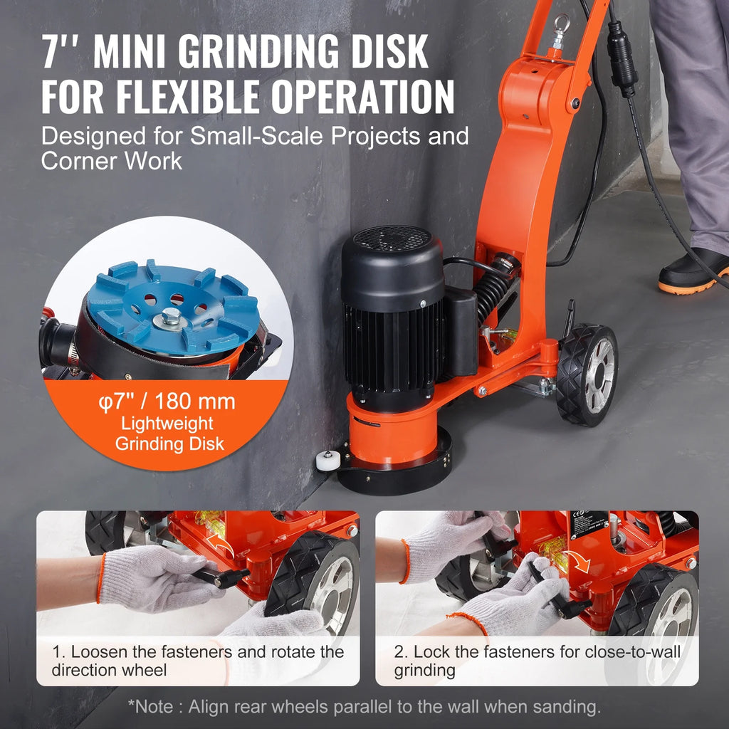 SKYSHALO Electric Floor Grinder 7" for Walking, 1.7HP Polisher for Concrete Floors, 1300W, 1720RPM Brushless Motor, Efficient Grinding Machine for Granite/Marble/Stones