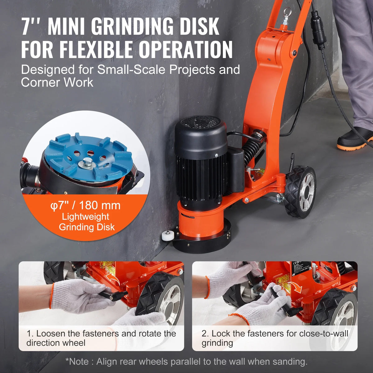 SKYSHALO Electric Floor Grinder 7" for Walking, 1.7HP Polisher for Concrete Floors, 1300W, 1720RPM Brushless Motor, Efficient Grinding Machine for Granite/Marble/Stones