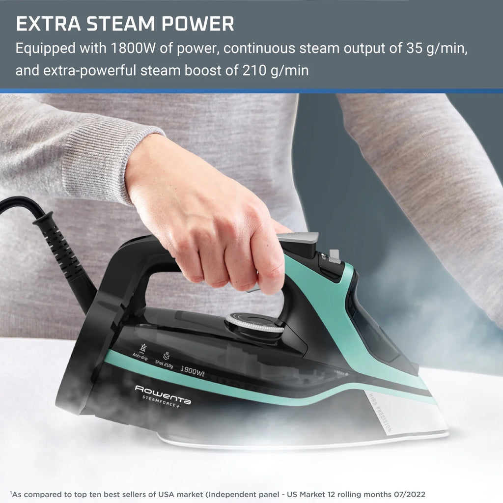Rowenta Steam Force+ Iron for Clothes, Stainless Steel Soleplate, 1850 Watts, 400 Microsteam Holes, Garment Steamer, Black & Blue, DW9440U1