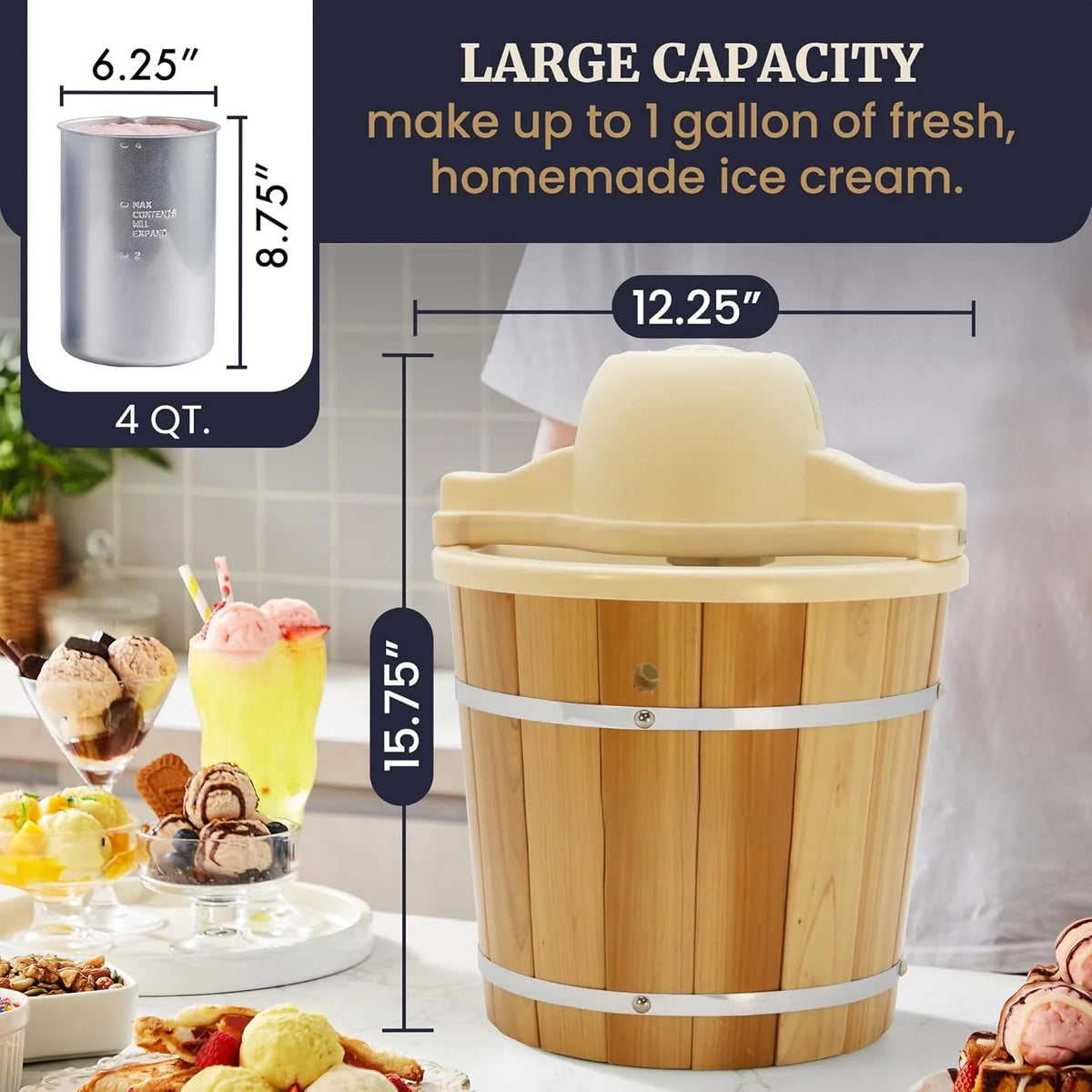 4 Quart Old Fashioned Electric Ice Cream Maker, Pine Bucket Style, Vintage Frozen Dessert Machine for Homemade Ice Cream, Frozen Yogurt & Gelato, Great for Families & Parties