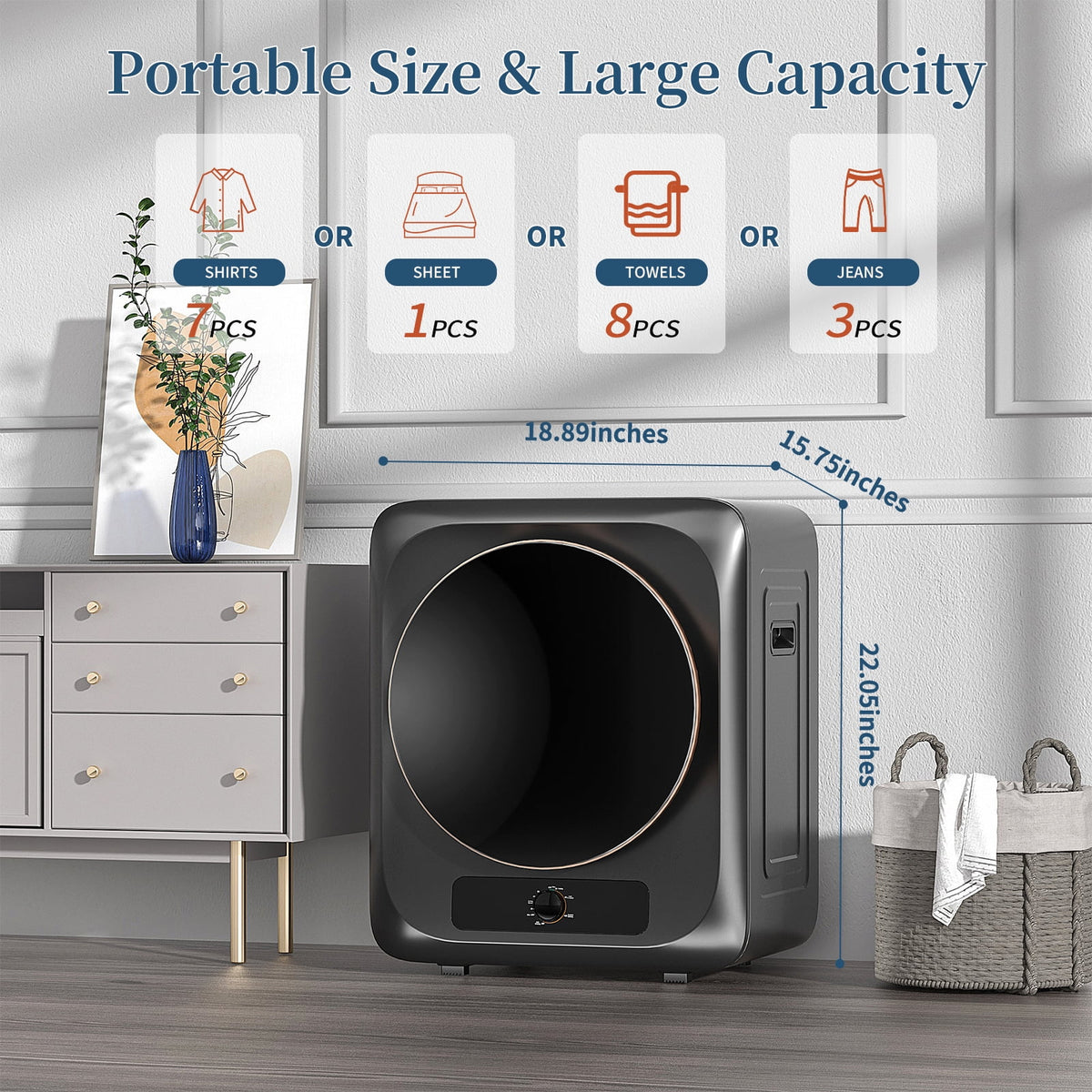Zynkez Portable Clothes Dryer,1.6 Cu.ft.,110V Electric Compact Laundry Dryer with Stainless Steel Tub for Apartments, Dorms, RVs (White)